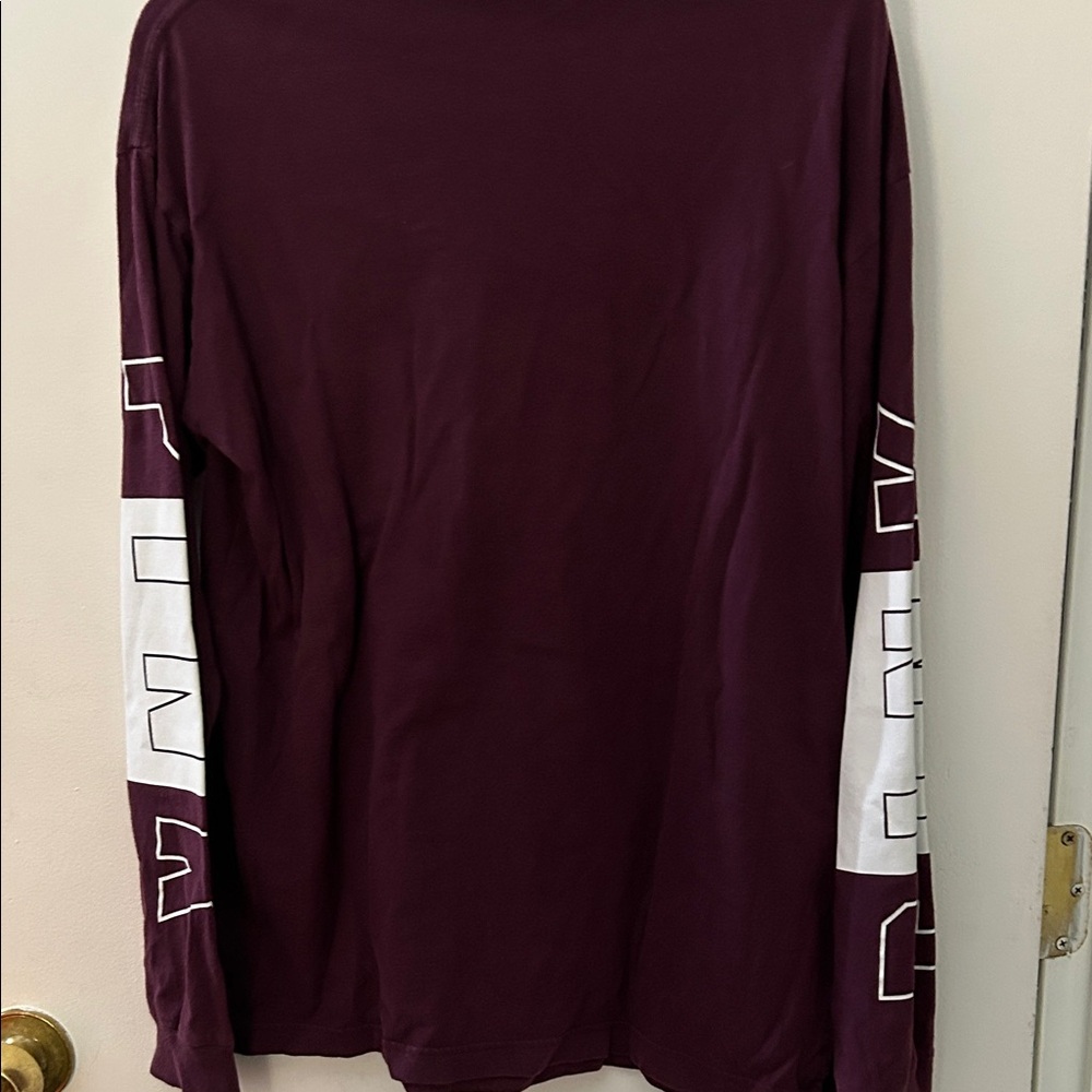 PINK Victoria's Secret Maroon Long-Sleeve Pocket Tee with White Sleeve Panels - Picture 5 of 9